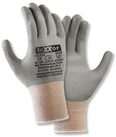 texxor 12 Stück Schnittschutz-Strickhandschuhe 2416, PU-Beschichtung, Packung, grau, 9/L