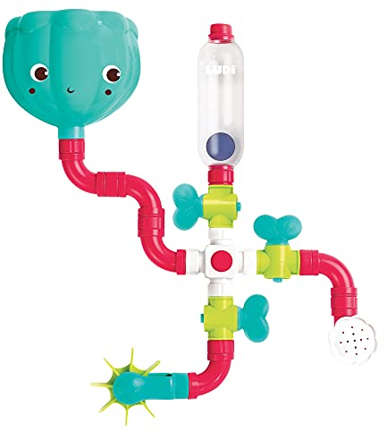 Ludi - Circuit d’Eau à Construire - Jouet de Bain pour Bébé à Ventouser - 14 Pièces à Assembler avec Moulin et Arroseur - Modulable, Evolutif et Éducatif - Jeu de Construction à Partir de 18 Mois
