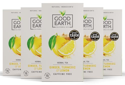 Good Earth Tea Co. Ginger, Turmeric & Lemon Tea Bags – Zingy Herbal Blend with Ginger, Turmeric and Lemon – 5 x 15 Plant-Based Teabags