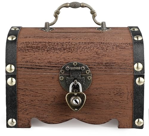 SEWACC Small Wooden Treasure Chest Box, Retro Treasure Chest Storage Box with Lock& Keys Bank Box Wooden Chest Money Box