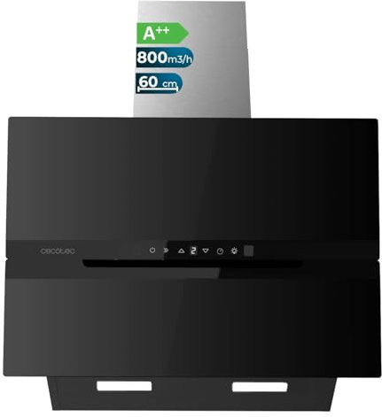 Cecotec Campana Extractora Decorativa 60 cm Bolero Flux DT 608010 Glass Black A++. 210W, 800 m3/h, Clase A++, Control Táctil, 3 Niveles, Filtros carbono y aluminio, LED, Hand Movement, Delay Function