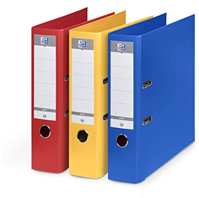 OXFORD Lot 3 Classeurs à Levier Smart Pro+ A4XL Dos 80mm 2 Anneaux en D Couverture Polypro Rembordée Rouge Bleu Jaune