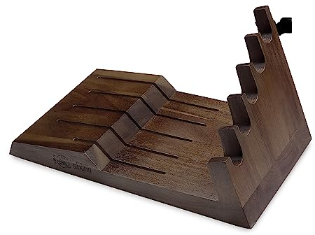 MITSUMOTO SAKARI Portacuchillos Plano de 5 Ranuras, Estante para Cuchillos de Madera de Acacia Japonesa, 30 * 17 * 16 cm Portacuchillos de Madera maciza para Cuchillos de Cocina