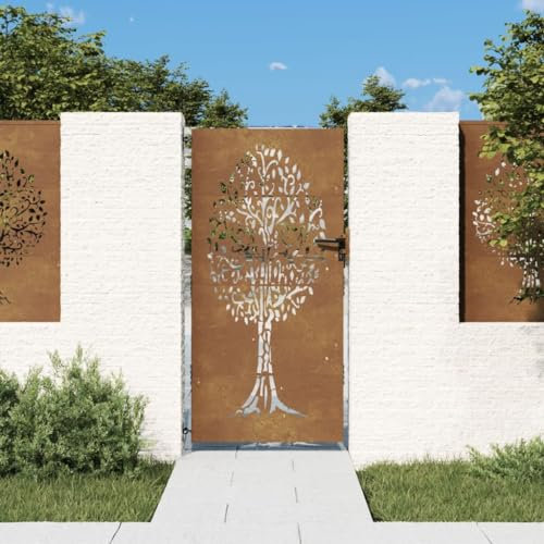 Festnight Gartentor Edelstahl gartentür Zauntor Gartenzaun Zauntür Hoftür Metalltor Einfahrtstor Abschließbar Tür Tor Gartenpforte Rostig-Baum-Design 85 x 200 cm