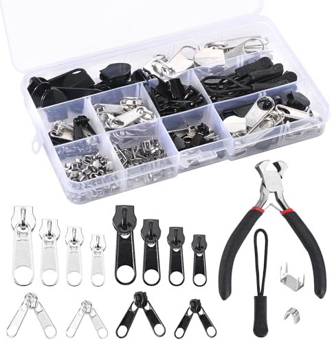 183 Stück Reißverschluss Reparatur Set, Reisverschlussreparaturset Ersatz Zipper mit Zangen für Bekleidung, Koffer, Taschen, Jacke, Jeans