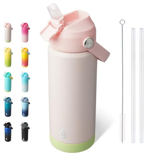 BJPKPK Insulated Water Bottle with Straw Lid, 18oz Thermo Water Bottles, Flex Handle & Non-slip Boot, BPA Free Leak Proof Stainless Steel Metal Thermo, Tumblers, Cups,Pearl Pink