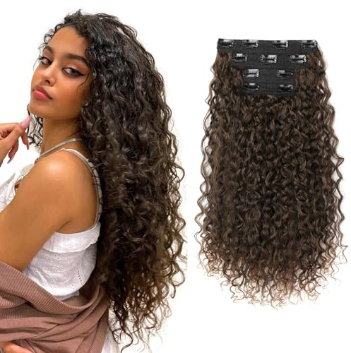 Clip in Hair Extensions, FLUFYMOOZ 4PC 100％ Pure Protein Silk Hair Extensions Long Soft Natural Hairpiece 20 Inch Curly Hair Extension for Women (Dark Almond brown with copper)