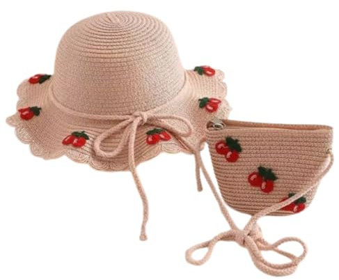 YKKJ Strohhut und Taschen-Set，Mädchen-Strohhut，für Urlaub Reise und Strand.(Rosa)