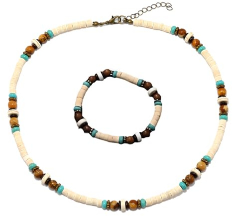Tomedeks Set Gioielli Uomo: Collana E Bracciale Di Perle, Surf Collana Con Perle Di Cocco Fatti A Mano, Beach Gioielli Da Uomo, Catena Di Legno Perline Impermeabili