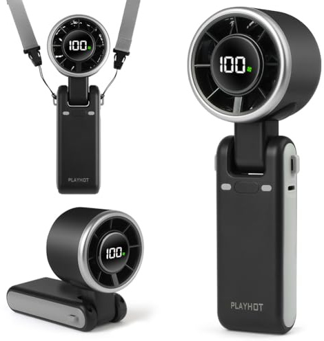 AUAUY Bärbar Turbo Handhållen Fläkt, 5-växlad 3600mAh, svart | Mini USB-fläkt, 180° vikbar 3-i-1 fläkt för hand, nacke eller bord, för resor, kontor, utomhusbruk, smink