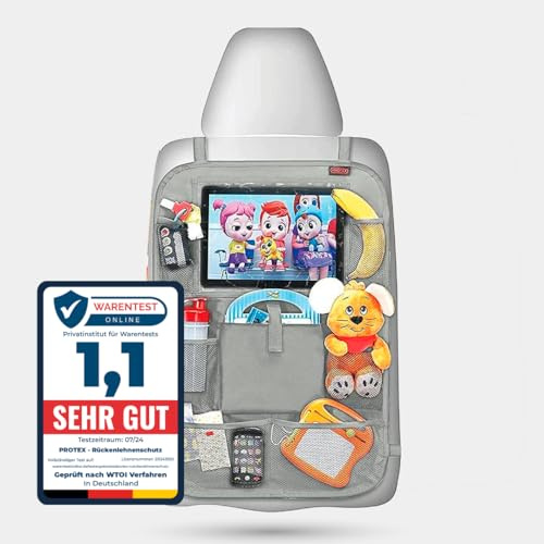 PROTEX© Organizer per la protezione dello schienale [vincitore del test 2024] per 100 giorni senza rischi – Organizer per sedile posteriore auto con scomparto per tablet da 12 pollici [grigio]