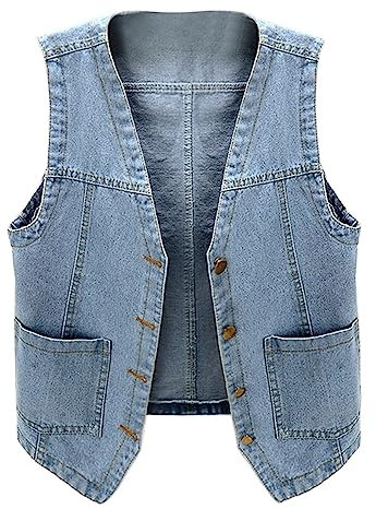 Womens Denim Waistcoat Sleeveless V Neck Button Down Waistcoat Jacket