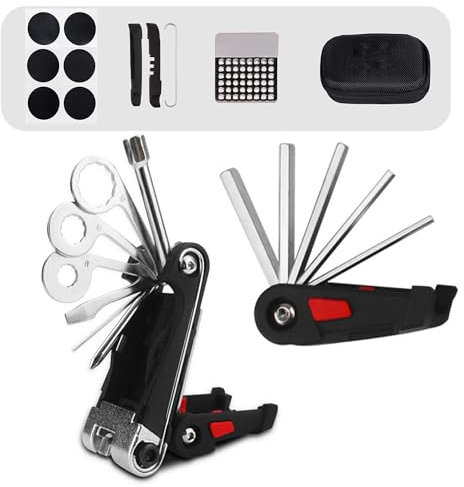 Fahrrad Werkzeugset für Unterwegs: 19-in-1 Faltbares Fahrrad Multitool mit Fahrrad Flickzeug Set und Satteltasche für Ebike, Mountainbike