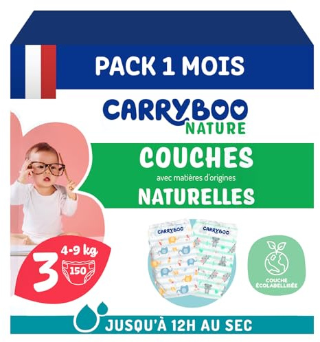 Carryboo – Pañales tamaño 3 (4-9 kg) – Piel sensible – Natural y ultra absorbente, 12 h a prueba de fugas – Sin ingredientes no deseados – Fabricado en Francia – 150 capas desechables – Paquete de 1