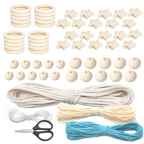 SHENSAIGO 65 Stück Holzringe zum Basteln Set, Natur Holzring Enthält Runde Sternförmige Holzperlen, Holzringe Makramee Zubehör mit Bastelseil, 50mm Gardinenringe Holz für DIY Handwerk Makramee Schmuck