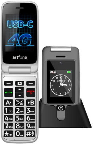 artfone G6 Téléphone Portable Senior 4G | Téléphone Clapet Double Écran | Boutons Grandes Tailles | SOS Urgence | Station de Charge USB-C | Support Multilingue (Français, Anglais, Allemand, Espagnol)