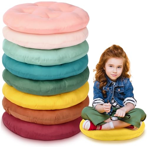 CroBlissful 8 Pcs 16 Inch Floor Cushions for Kid, Flexible Seating for Classroom Elementary, 3.15 in Thick Round Floor Pillow, Back to School Furniture for Daycare Preschool Meditation(Neutral Color)