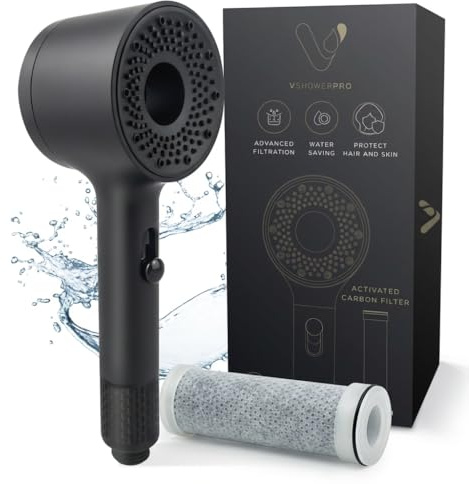V Shower Pro Hard Water Filter Showerhead, High Pressure, New 2025 Filtration, Softens Water, Removes Chlorine, Silicone Nozzles, Premium, Gentle on Hair & Skin, Black