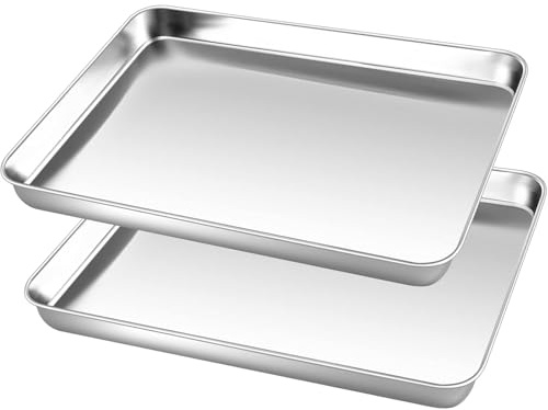 Baking Trays Set of 2, Premium Stainless Steel Oven Tray 26.5 x 20.5 x 2.5CM, Durable Cookie Sheets Pan for Baking Cooking Serving, Dishwasher Safe and Easy Clean (Medium Size)