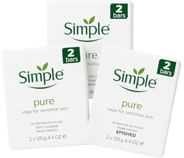 Simple Pure Soap 3 x Twin Packs 6 Bars Total Gentle Moisturising for Sensitive Skin Dermatologically Tested Fragrance Free Hypoallergenic Soap Bar for Face Body Hands Daily Cleansing Value Pack