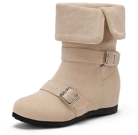 Bviennic Botines Mujer Mid Tacón De Cuña Casual Punta Rojoonda Sin Cordones Slouch 2756 Albaricoque Talla 35 Eu
