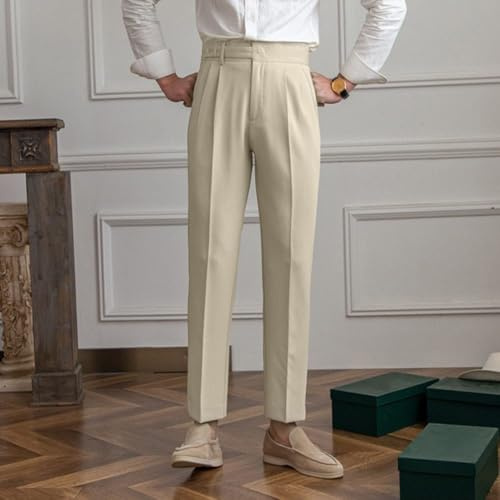 TIANHENGMart Pantalones italianos Naples de cintura alta para hombre, de corte recto, pantalones elásticos de poliéster para negocios, casual, ropa de calle de Inglaterra, color sólido, longitud