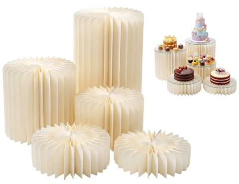 Gohytal Juego de 5 Columnas Decorativas de Cartón de 10/15/20 cm, Elevadores de Buffet Apilables Soporte para Tartas Reutilizable para Bodas Cumpleaños Comuniones Exposiciones y Navidad