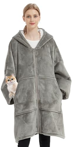 SHUOJIA Sweat Plaid Femme, Sweat à Capuche surdimensionné Peignoir Chaud en Flanelle Sweat à Capuche Super Doux et Confortable Wearable Blankets, Hiver Chaud Sherpa Adulte (Light Gray)