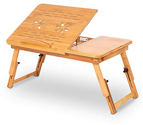 Bandeja de Cama Ajustable para Portátil, Escritorio Plegable con Cajón y Superficie Inclinable para Usar Laptop, Leer, Escribir, Comer o Jugar en la Cama