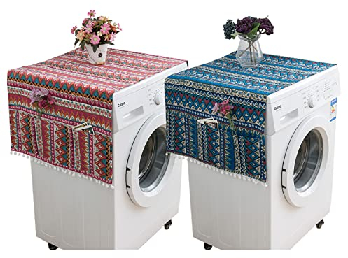 Housse Machine à Laver avec Poches, Housse Machine à Laver Top, Housse Anti-Poussière pour Réfrigérateurs Machines à Laver Sèche-Linge, 2 Pièces 55 x 130 cm (Rouge et Bleu)