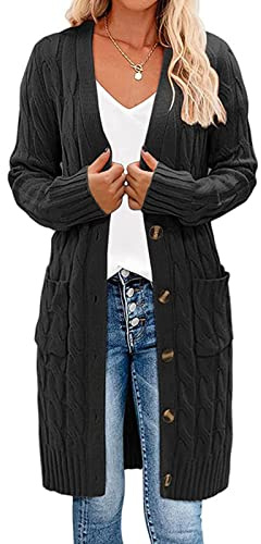 Earnmore Långärmad kabelstickad lång cardigan för kvinnor med öppen framsida, tröja ytterkläder, Svart, L