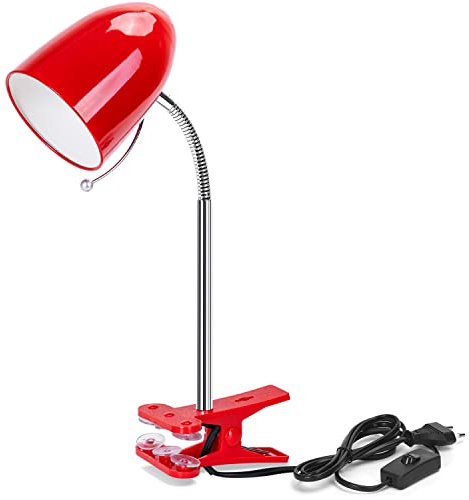 Aigostar Klemmlampe Retro， Schreibtischlampe Klemmbar， Ohne Glühbirne， Passend für E27 Modell LED Glühbirne， Flexibler Metallarm， 153cm Kabel mit Schalter， Leselampe Bett， Klemmleuchte， Rot