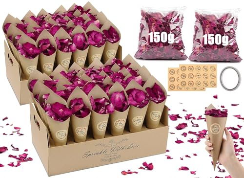 Mbsomnus Juego de confeti biodegradable para boda, 300 g, pétalos de rosa secos, 60 conos de confeti de boda, 60 calcomanías de boda, soporte de cono de papel kraft, decoración para fiesta, cumpleaños