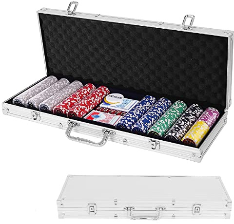 GYMAX Set da Poker Professionale, con 500 Fiches, 2 Mazzi di Carte, 5 Dadi, 3 Pedine Dealer, Valigetta in Alluminio, 56 x 21 x 6,5 cm, Adatto ai Principianti (Argento)