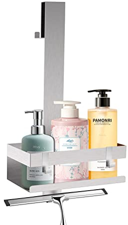 Leermine Etagere Douche Suspendue, sans Percage Panier de Douche en Acier Inoxydable, Support Douche avec Crochet pour Porte en Verre sans Cadre,Rangement et Organisation de la Salle de Bain