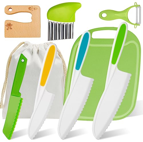 Set Coltelli Cucina per Bambini 9 PZ, Inclusi Coltelli Bambini Plastica per Tagliarecon, Coltello Legno, Coltelli Patate, Coltello Onda, Pelapatate, Tagliere per Tagliare e Cucinare, Frutta e Verdura