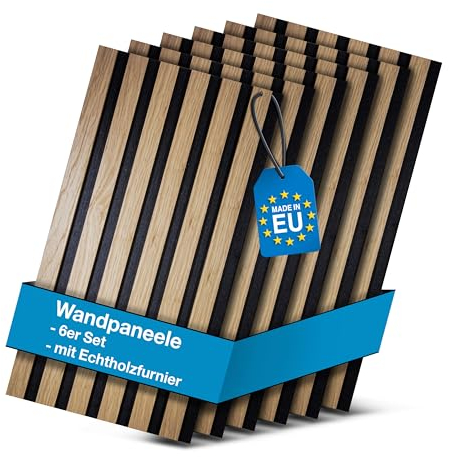 Schwanfeld® [60 x 30cm] Akustikpaneele Holz 6er Set [FÜR JEDEN EINSATZORT] - Wandpaneele Holz für eine angenehme Raumakustik - Lamellenwand Echtholzfurnier - Wandverkleidung Holz (Natur)