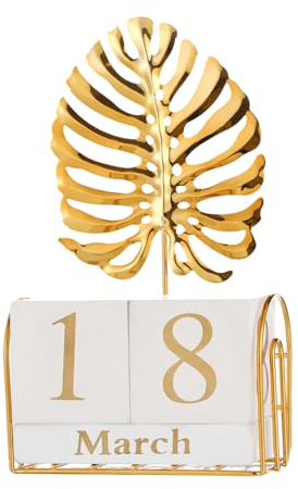 Aovdy Perpetual Calendar Wooden Blocks Calendar for Home Office Desk Date Week Month Accessories (Golden Leaf Calendar C)