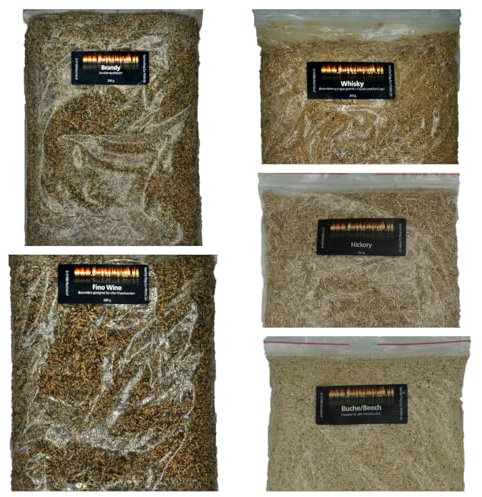 Juego de virutas para ahumar, mezcla de whisky con dos clásicos de haya y nogal, así como 3 exóticos de barrica de roble brandy y Fino plus Whisky-Rüchermehl juntos, 5 unidades de 200 g juntas, 1 kg