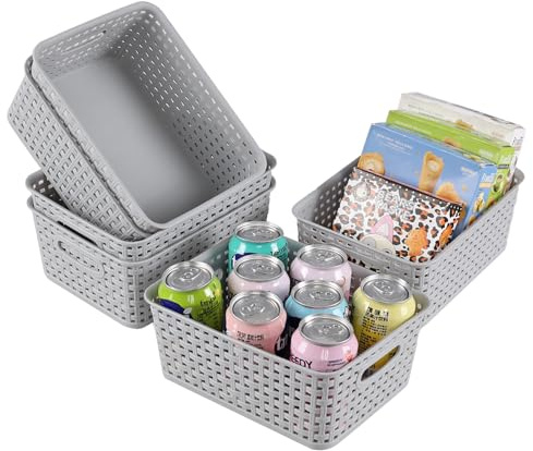 Udotry 6 Pack Plastic Weave Storage Basket Small Rattan Organizer Box Gray