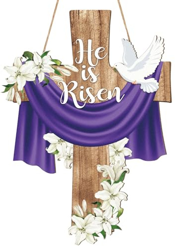 He is Risen Easter Decoration Wood Door Wall Signs, Wooden Wreaths Front Door Sign Cross Sign Christian Jesus Lily Flowers Ornaments Hanging Crafts for Spring Home Farmhouse Party Porch Wall Decor