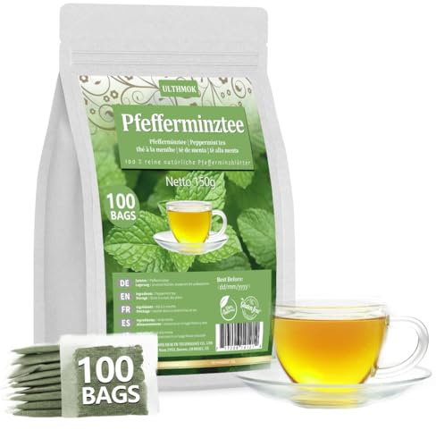 ULTHMOK Premium Peppermint Te Påsar - 100 te påsar gjorda av 100% naturliga pepparmynta blad, ingen tillsatser & koffeinfri