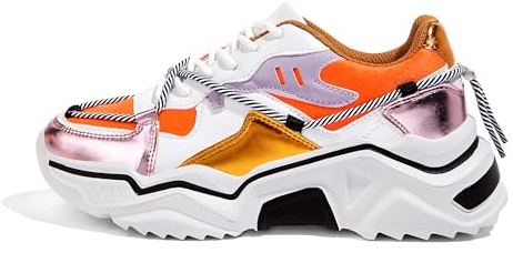 LUCKY STEP Baskets Femme à Plateforme – Chaussures Chunky Dad Rétro, Baskets à Blocs de Couleurs pour Usage Quotidien et Promenades (Blanc/Orange, 7US-37EU-4UK)