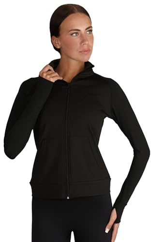 Silky Dance Giacca da corsa con cerniera, per donne e ragazze, giacca sportiva da allenamento, a maniche lunghe, per palestra, corsa, divisa da ballo, con fori per i pollici e tasche, colore nero,