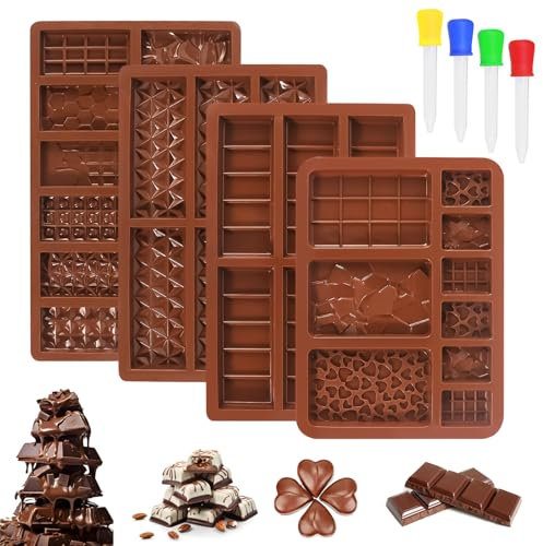 Schokoladenform Silikon 4 Stück Silikonform Schokolade Lebensmittelqualität Schokoladen Form mit 4 Tropfer Pralinenform Silikon Chocolate Mold für Pralinen Süßigkeiten Gelee Eiswürfel