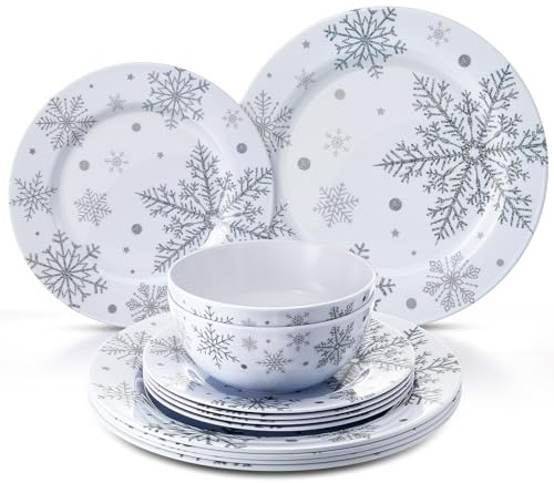 Ziliny 12 Pcs Christmas Snowflake Dinnerware Set Melamine Plates and Bowls Set Include 11 and 8 Plates 6 Soup Bowl, Service for 4 for Christmas Winter Party Supplies (Classic)