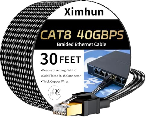 Ximhun Cat 8 Ethernet Cable 30FT, High-Speed Braided Internet Cable Network Cord with RJ45 Connector 40Gbps 2000Mhz Heavy Duty LAN Cable Shielded Indoor