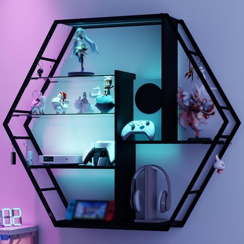 ARTETHYS 4 Tier Industrial Gaming Shelf with LED Lights, Wall Mounted Wooden Floating Shelves, 87 x 100 x 20 cm, Black