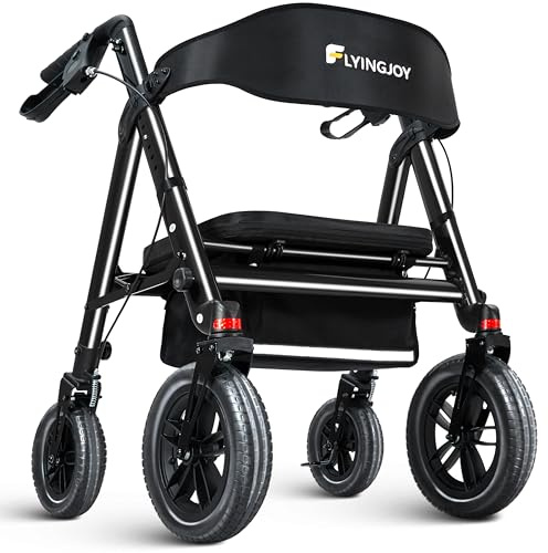 FlyingJoy Rollator Walker with Seat,12 Front Wheels 10 Rear Rolling Walker, Extra-Wide Heavy-Duty Rollator Walker with Seat and Brakes for Seniors and Adults Bariatric with Large Aluminum (Black)