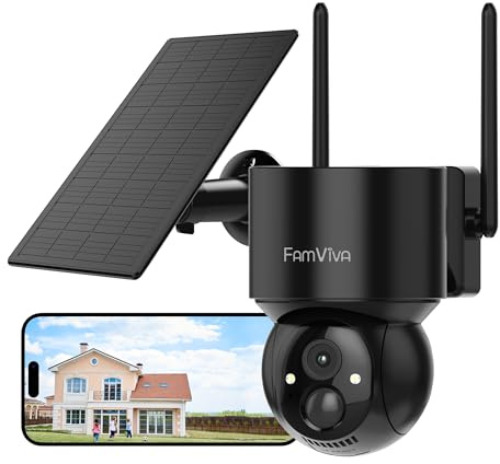 FAMVIVA 2K Solar Security Cameras Wireless Outdoor, 360°PTZ Battery Powered Cameras for Home Security, 2.4G WiFi Outdoor Camera with Color Night Vision, IP66 Waterproof, Motion Sensor Alarm, Black